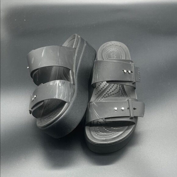 Crocs Lite Ride Women 6 W Black Strappy Wedge Slip On Rubber Sandals - Picture 2 of 6